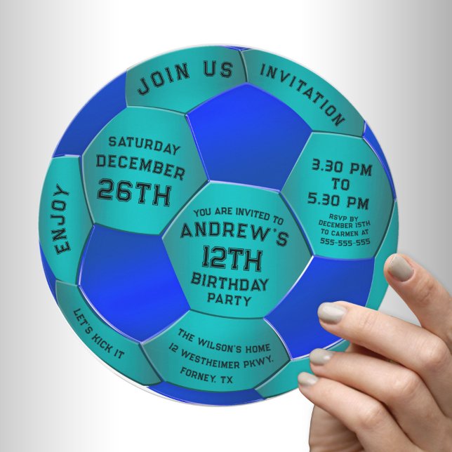 Modern Blue Text Soccer Ball Birthday Invitation  Spara Datumet (Skapare uppladdad)
