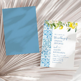 Modern Blue Tiles i Medelhavet och Lemon Bröllop Inbjudningar