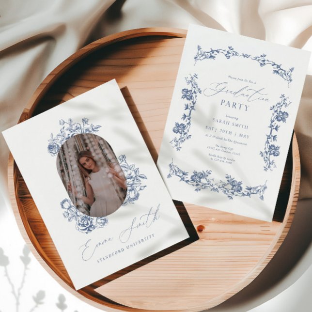 Modern Blue Toile Graduation Photo Announcement Inbjudningar (Skapare uppladdad)