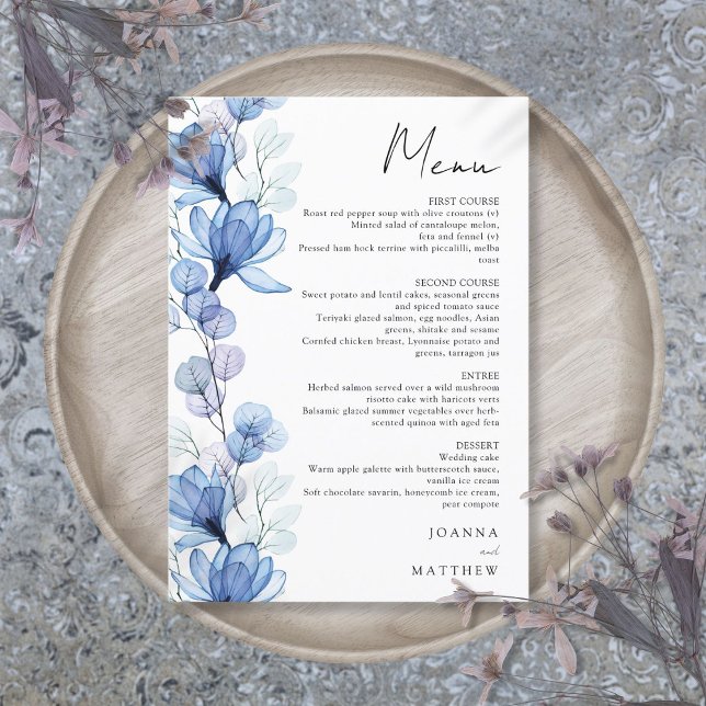 Modern Blue Transparent Blommigt Bröllop Meny (Modern Blue Transparent Floral Wedding Menu)