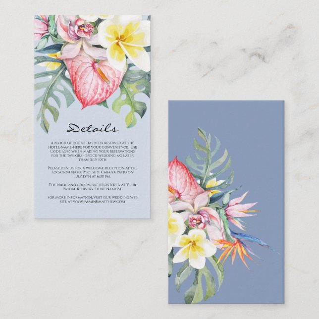 Modern Blue Tropical Floral Hawaii Wedding Tilläggskort (Fram/baksida)