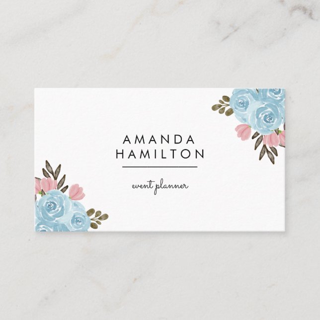 Modern BLUE-vattenfärgsblomma och löv i klass BLUE Visitkort (Framsida)