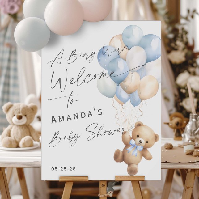 Modern Blue Vi kan vänta tills pojken hälsar välko Poster (Blue baby boy Shower We can bearly wait- welcome sign.)