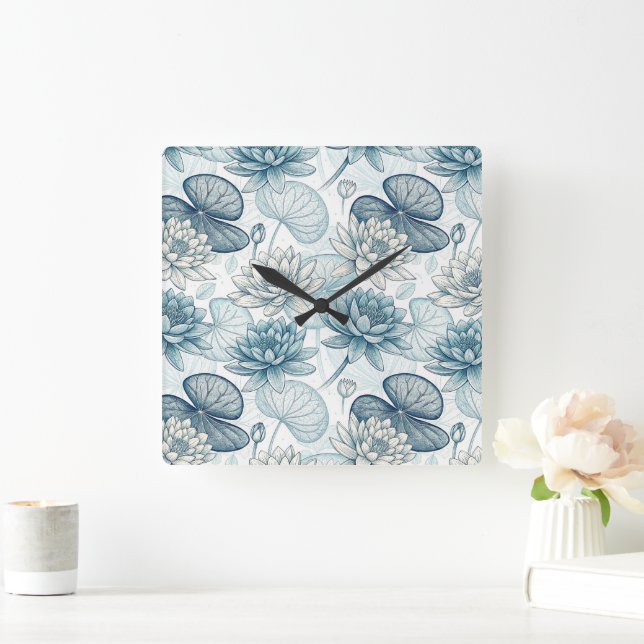 Modern Blue Water Lilies Monet Style Fyrkantig Klocka (Hem)