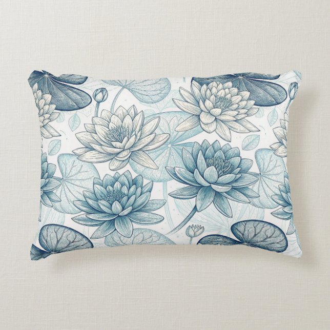 Modern Blue Water Lilies Monet Style Prydnadskudde (Framsidan)