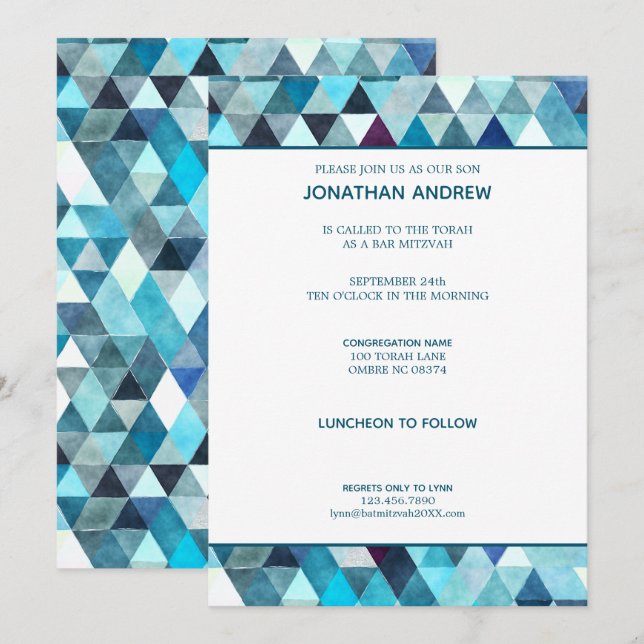 Modern Blue Watercolor Abstrakt Pub Mitzvah Inbjudningar (Fram/baksida)