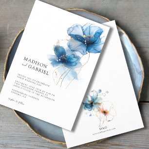 Modern Blue Watercolor Bläck Wildblomma Bröllop Inbjudningar
