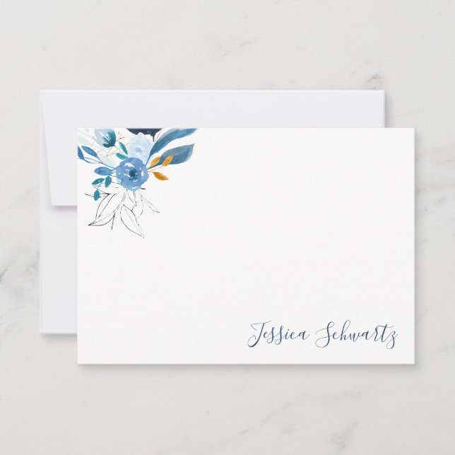 Modern Blue Watercolor Blommigt Personlig Namn Anteckningskort (Framsida)