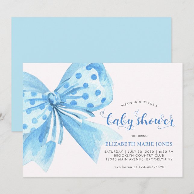 Modern Blue Watercolor Bow Ribbon Boy Shower Inbjudningar (Fram/baksida)