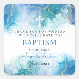 Modern Blue Watercolor Boy Baptism Tack Fyrkantigt Klistermärke