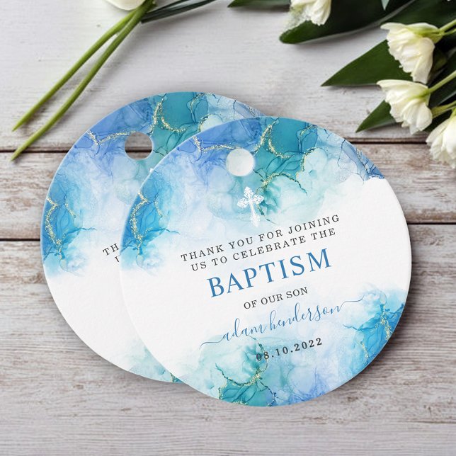 Modern Blue Watercolor Boy Baptism Tack Gåvor Etiketter (Skapare uppladdad)