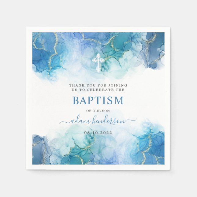 Modern Blue Watercolor Boy Baptism Tack Pappersservett (Framsidan)