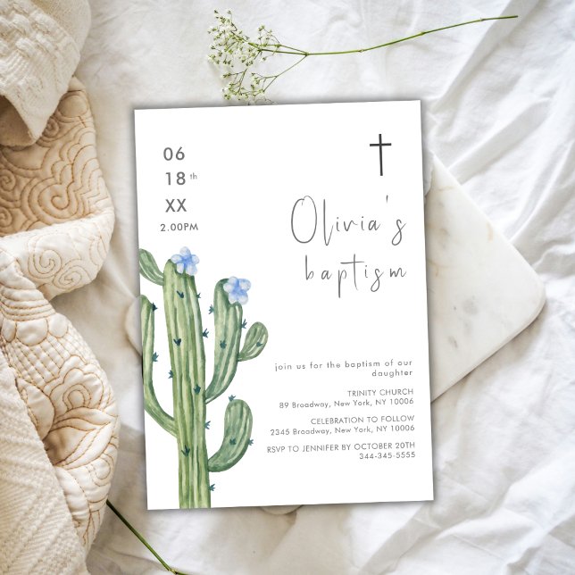 Modern Blue Watercolor Cuctus Blommigt Kor Baptism Inbjudningar (Modern Blue Watercolor Cuctus Floral Cross Baptism Invitation)