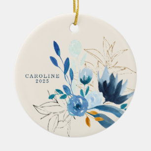 Modern Blue Watercolor Flowers Personlig 2022 Julgransprydnad Keramik