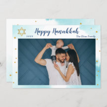 Modern Blue Watercolor Guld Lycklig Hanukkah Photo