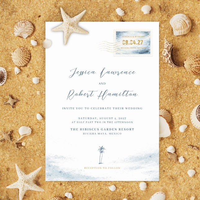 Modern Blue Watercolor Stamp Wedding Invitation Inbjudningar (Destination Ocean Wedding Invitation and Details Card)
