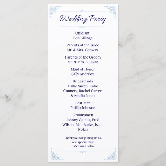 Modern Blue Wedding Program French Country (Baksida)