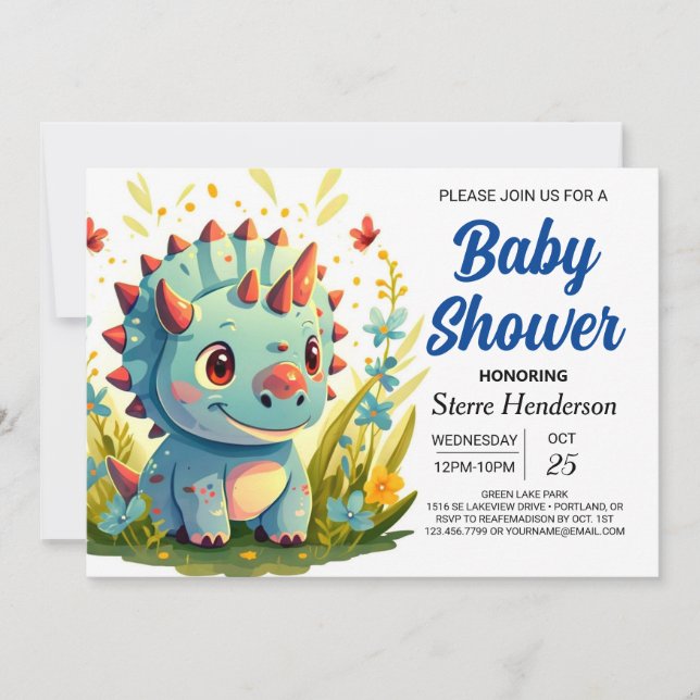 Modern Blue Whimsical Dinosaur Boy Shower Inbjudningar (Framsida)