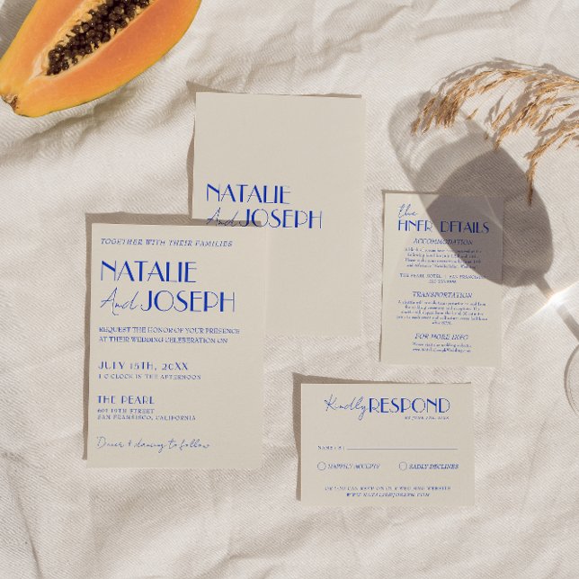 Modern Blue Whimsical Fransk Retro Boho Bröllop Inbjudningar (Skapare uppladdad)