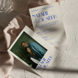 Modern Blue Whimsical Fransk Retro Photo Bröllop Inbjudningar