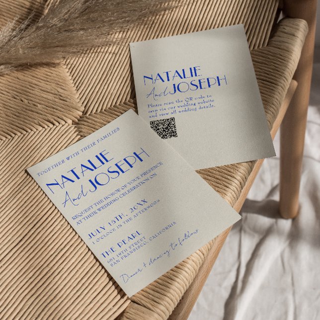 Modern Blue Whimsical Fransk Retro QR-kod Bröllop Inbjudningar (Skapare uppladdad)