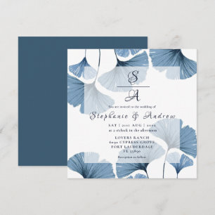 Modern Blue & White Foliage Bröllop Inbjudningar
