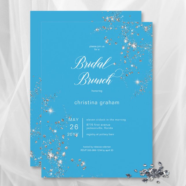 Modern Blue & White Glam Diamonds Möhippa Brunch Inbjudningar (Modern Blue & White Glam Diamonds Bridal Brunch Invitation)