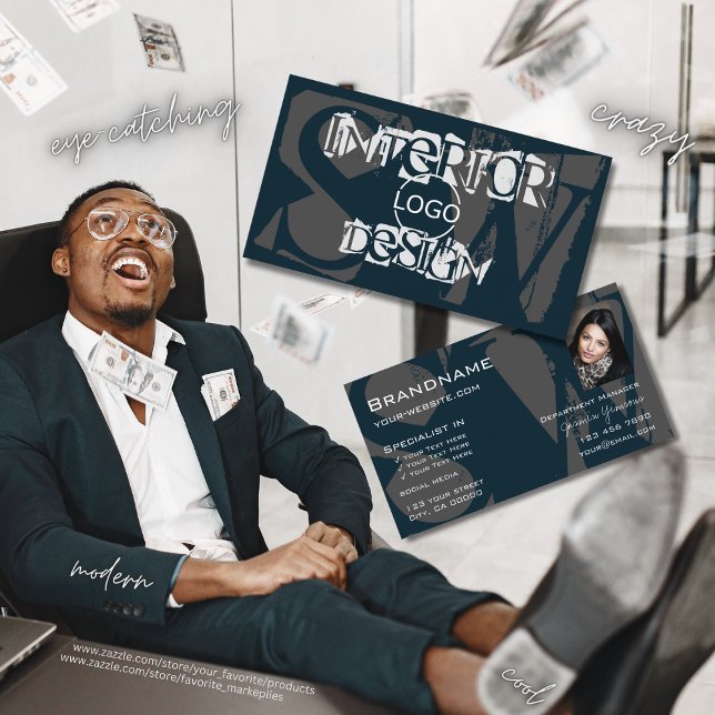 Modern Blue White Grått med Photo Logotyp Monogram Visitkort (Skapare uppladdad)