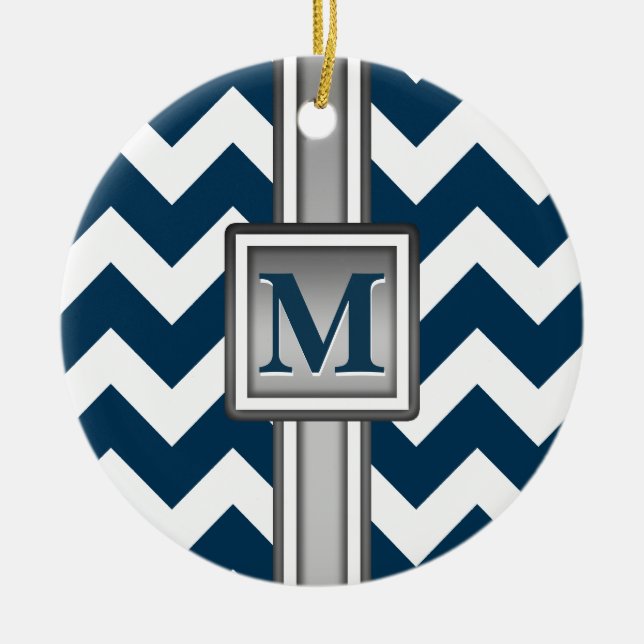 Modern Blue White Grått Monogrammed Chevron Julgransprydnad Keramik (Framsidan)