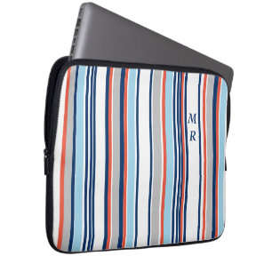 Modern Blue White Grått Red Rand Monogram Laptop Fodral