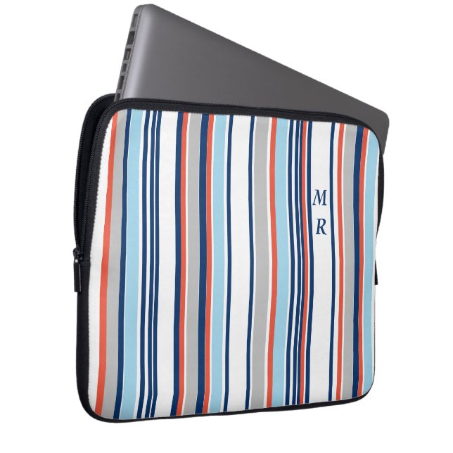 Modern Blue White Grått Red Rand Monogram Laptop Fodral (Framsidan Höger)