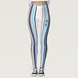Modern Blue White Grått Red Rand Monogram Leggings