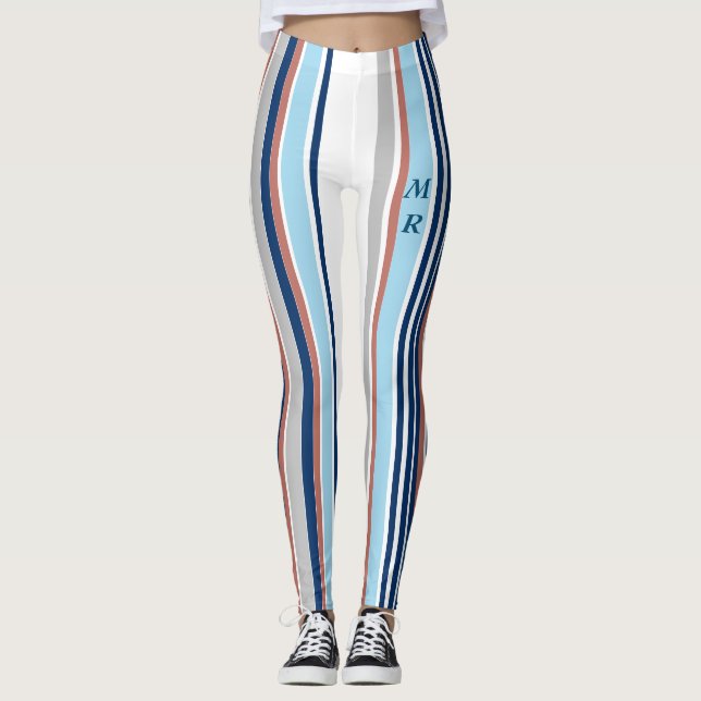 Modern Blue White Grått Red Rand Monogram Leggings (Framsida)
