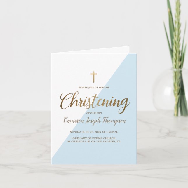 Modern Blue White Guld Christening pojke Inbjudan (Framsida)