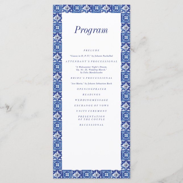 Modern Blue White Mediterranean Bröllop Program (Framsida)