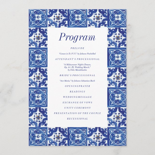 Modern Blue White Mediterranean Bröllop Program (Framsida)