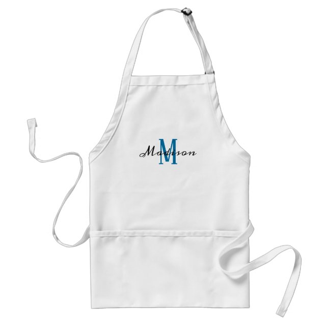 Modern Blue White Monogram Script Namn Womens Förkläde (Framsidan)