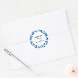 Modern Blue & White Mönster Bride & Groom Bröllop Runt Klistermärke