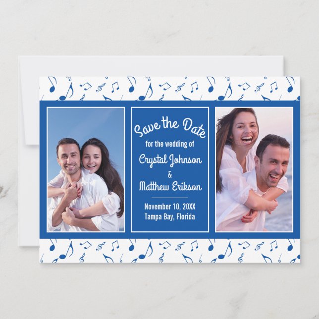 Modern Blue White Musik noter Photo Save Date (Framsida)