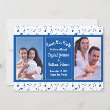 Modern Blue White Musik noter Photo Save Date