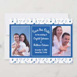Modern Blue White Musik noter Photo Save Date