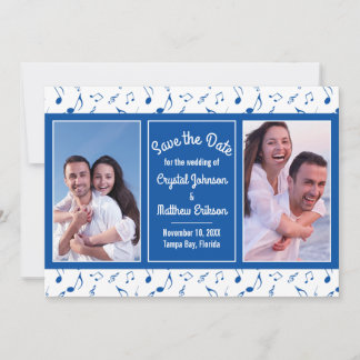 Modern Blue White Musik noter Photo Save Date
