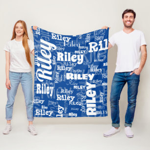 Modern Blue White Namn Upprepande Mönster Fleecefilt