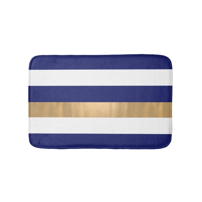 Modern Blue White och Guld Stripe Bath Mat Badrumsmatta (Framsidan)