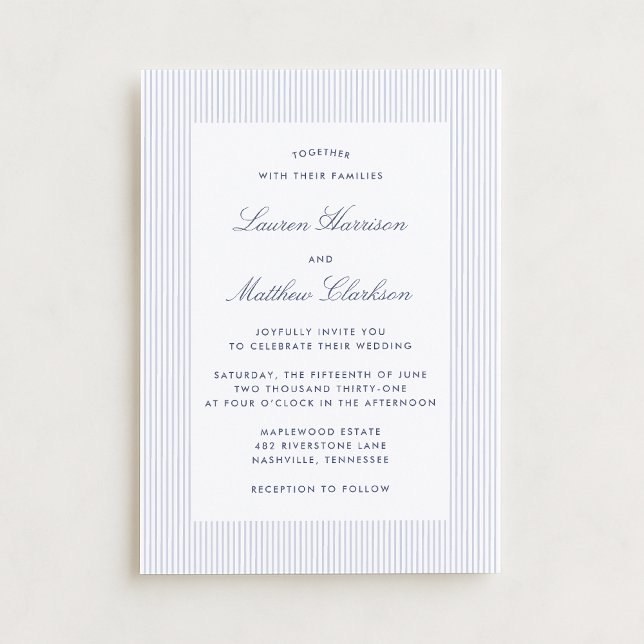 Modern Blue & White Pinstripe Wedding Invitation Inbjudningar (Skapare uppladdad)