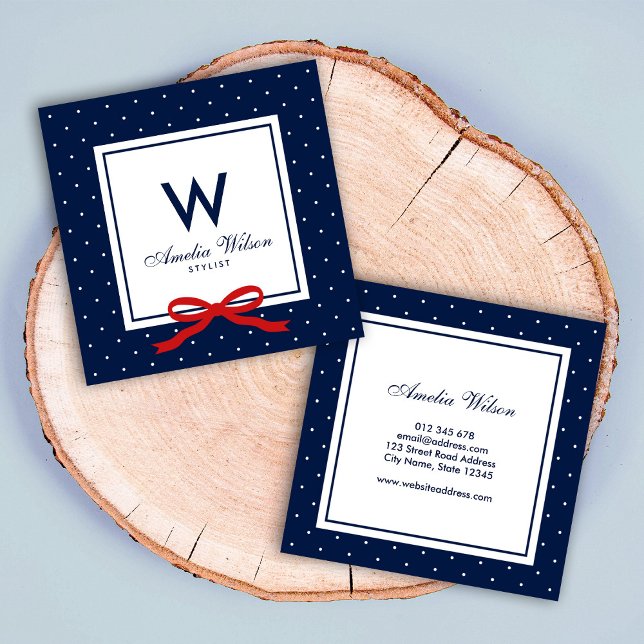 Modern Blue White Polka Dot Red Ribbon Monogram Fyrkantigt Visitkort (Skapare uppladdad)