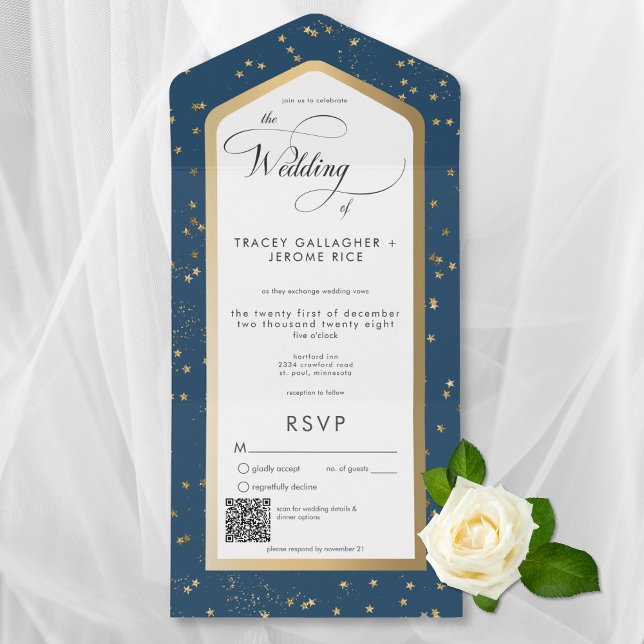 Modern Blue & White Starry Guld QR-kod (Modern Blue & White Starry Gold All In One Wedding Invitation with QR Code)