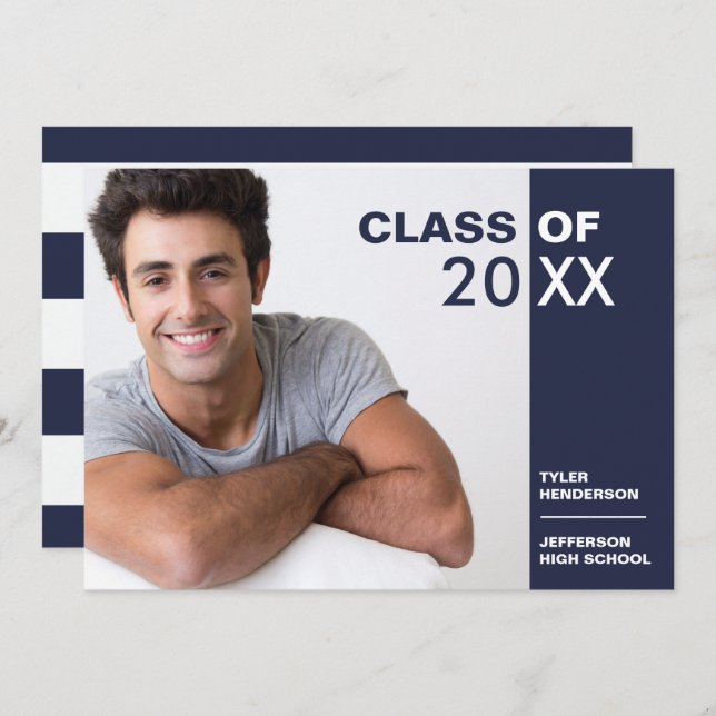 Modern Blue White Studenten Photo Party Inbjudan (Fram/baksida)