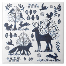 Modern Blue & White Woodland Animal Fox Rabbit