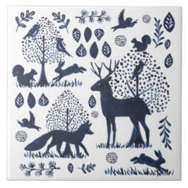 Modern Blue & White Woodland Animal Fox Rabbit Kakelplatta